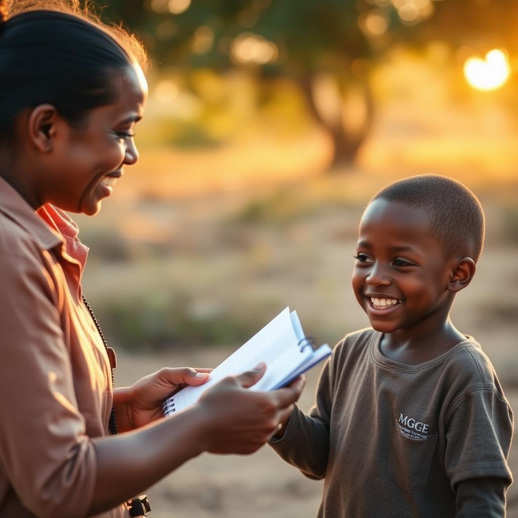 Field volunteer sharing supplies with a child